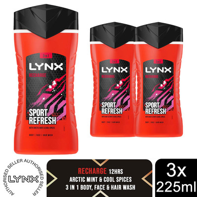Lynx Recharge 12-H erfrischender Duft Dusche Gel Körperwäsche für Männer, 3x225ml
