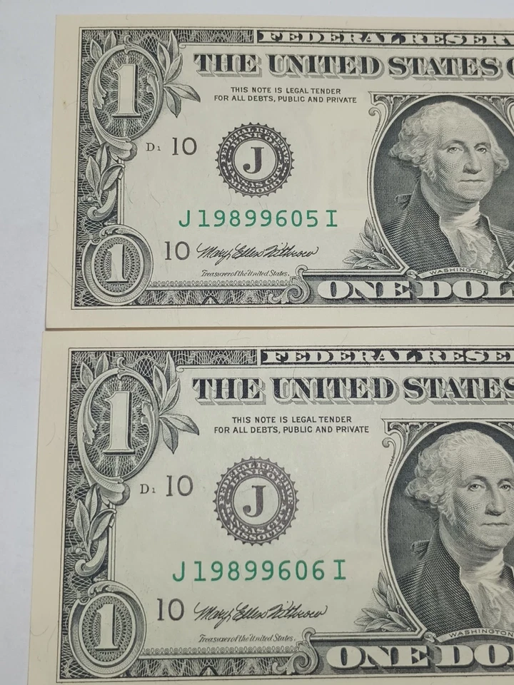 2-1995 $1 J KANSAS CITY BEP J-I BLOCO NÚMEROS DE SÉRIE SEQUENCIAIS (605)-(606)UNC - Imagem 2 de 4