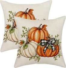 Fall Pumpkin Plaid Pillow Covers 16x16 Set of 2 Orange White Autumn Thanksgiving