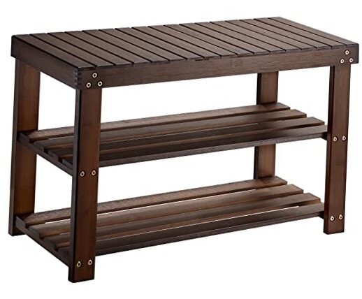 3-Tier Dark Brown Bamboo Shoe Rack Bench 27.5x11x17.5 Inches