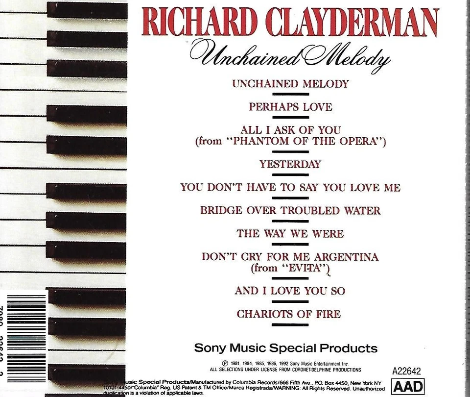 Unchained Melody by Richard Clayderman (CD, 1992) - Image 2 of 2