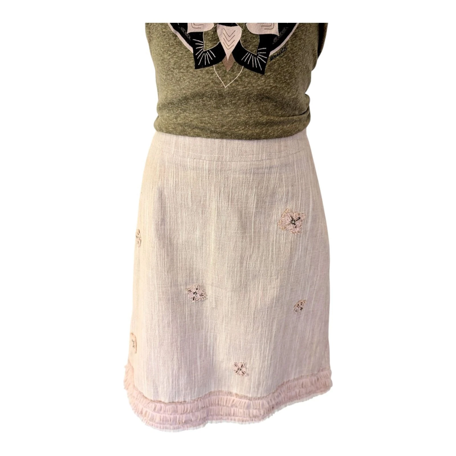 High Waisted Blush Pink Skirt Floral Crochet Rhinestone Chiffon Ruffled Hem S M