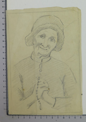 Zeichnung Antike Porträt Von Lady Alte Frau Mit Rosenkranz Bleistift Auf Papier