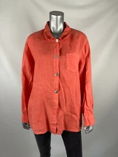 Match Point Top L Large Linen Long Sleeve Blouse Shirt Salmon Orange USA