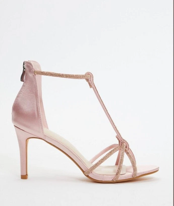 Pink Satin Diamante Cross Strap Size 7 High Heel Shoes Sandals