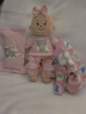 HANDMADE Wee Baby Stella doll clothes/12 inches/pink gingham pjs/pillow/blanket