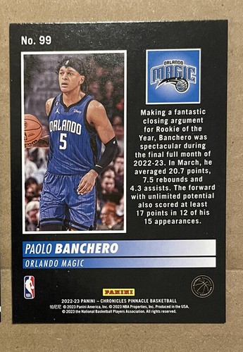 Paolo Banchero 2022-23 Panini Chronicles Pinnacle Basketball Rookie Card #99 - Picture 2 of 2