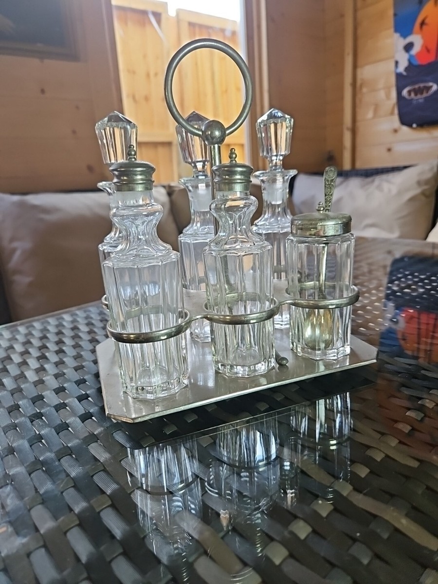 Vintage 6 Piece Silver Plate Cut Glass Condiment Set With Stand