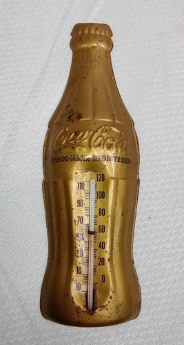 Vintage Coca Cola Bottle Thermometer Gold Metal Tin Coke 7" - USA Made