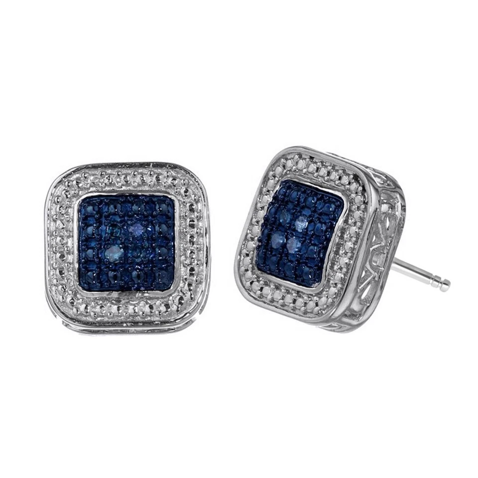 1/10 Ct Round Blue Natural Diamond Square Stud Earrings Solid 925 Sterling - Image 2 of 4