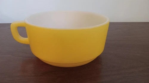 Midcentury Modern Fire King Anchor Hocking Stackable Soup Mug Yellow Sunburst