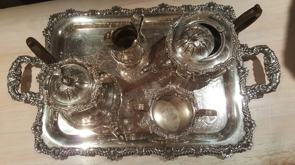 PLACA RIDEAU DE BIRKS 5 PIEZAS. JUEGO DE TÉ Y CAFÉ con BANDEJA PARA SERVIR 28" Pesada Foto 3 de 4