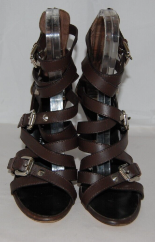 37/7❤️ GIUSEPPE ZANOTTI CUERO MARRÓN Tacones Altos GLADIADOR SANDALIAS BOTAS ITALIA - Imagen 7 de 13