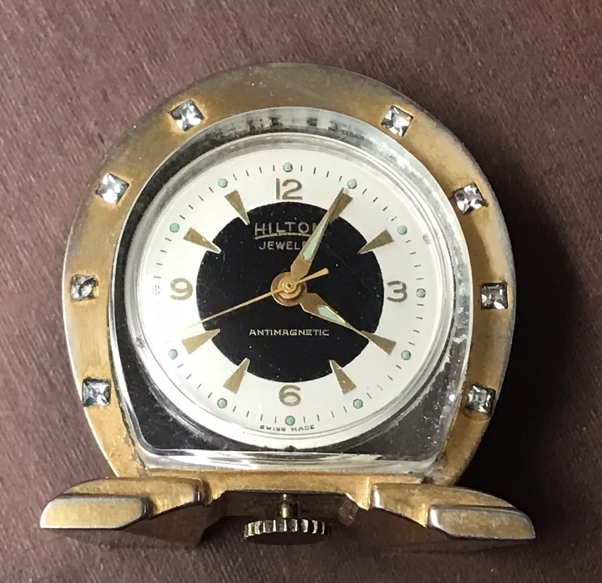 Vintage Hilton Horseshoe Jeweled Mini Swiss Desk Clock See Through