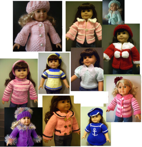 18" DOLL clothes hand knitting pattern sweater dress coat hat for AG or similar - Picture 1 of 44