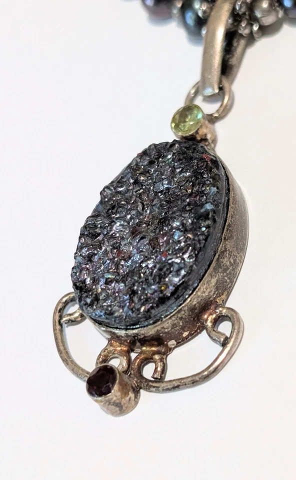 Collar De Colección Plata Esterlina Genuina Perla Pavo Real Druzy Granate Peridoto 20" Foto 4 de 4