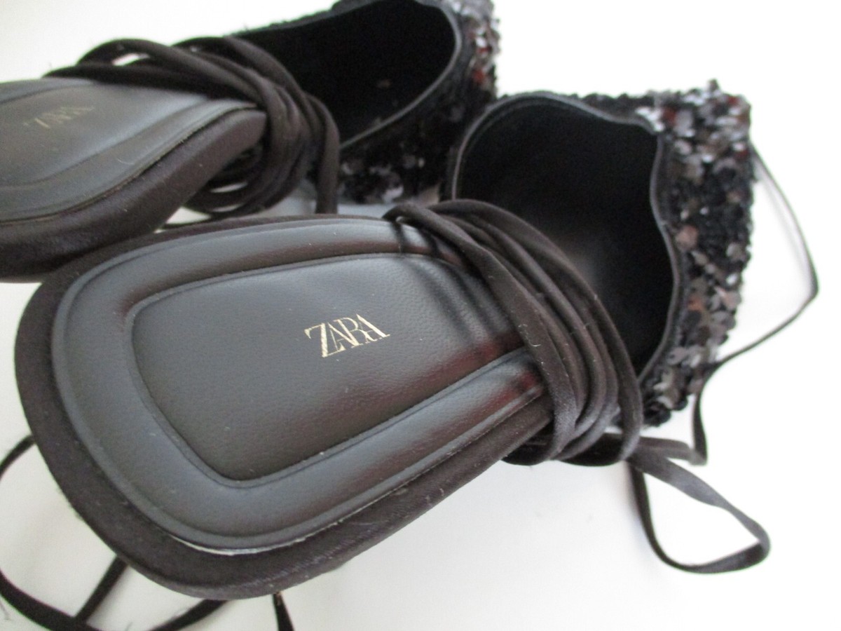 Zara Black Pump Heels Sequin Pointed Toe Tie Lace Up Size EU 38 US