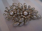 VINTAGE LARGE 3 X 2 BARBQUE FAUX PEARL RHINESTONE PIN BROOCH