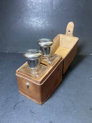 VINTAGE PERFUME COLOGNE TRAVEL SET 2 FLASKS w/ STOPPERS TUSCANY LEATHER