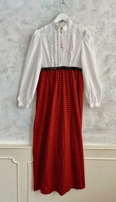 Vintage PROVA Red white Ruffle High Collar Retro Cotton Edwardian Maxi Dress 8
