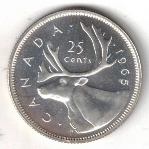 1965 Canadian Brilliant Uncirculated Proof Like Silver Caribou 25 Cent Coin