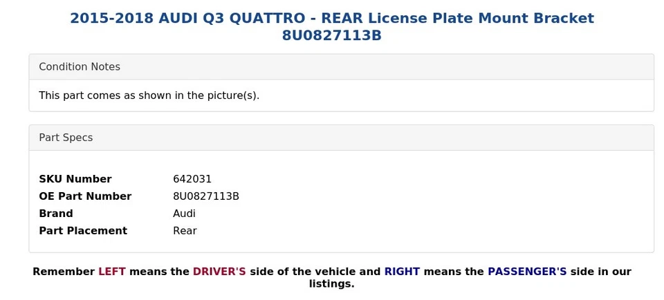 2015-2018 AUDI Q3 QUATTRO - REAR License Plate Mount Bracket 8U0827113B - Image 4 of 4