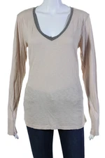 Michael Stars Womens Long Sleeve V Neck Ringer Tee Shirt Beige Cotton One Size