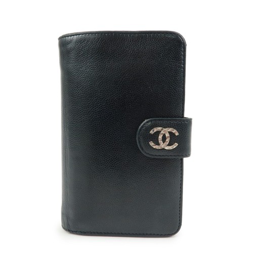 CHANEL COCO Mark Caviarskin Bi-fold Compact Wallet Black Authentic Used F/S