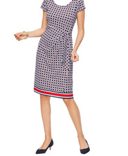 Talbots Women's Geometric Print Dress Ruched Jersey Sheath Short Sleeve Large
