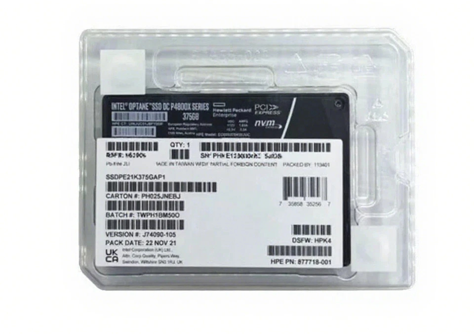 Intel Optane P4800x 375GB SSD U.2 NVME PCIE HP SSDPE1K375GAP1 Solid State Drives