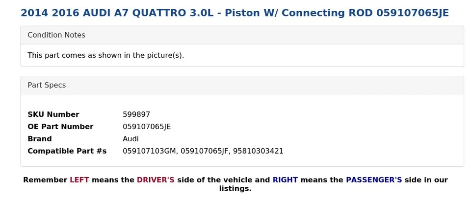 AUDI A7 QUATTRO 2014 2016 3,0 L - pistón con varilla de conexión 059107065 JE Foto 3 de 4