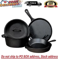 Lodge Cookware Set Black Cast Iron Round Pre-Seasoned Easy-Grip Handles 5-Piece