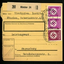 Postal History Germany Sc #O85+O87+O90(2) Parcel Post 1942 Munchen to Regensburg