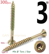 Torx T25 Star Flat Head 9 x 3 Yellow Zinc Type 17 Outdoor Wood Screw (300) 