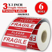3000 Fragile Stickers 2x3 Handle with Care Thank You 500 / Roll Warning Labels