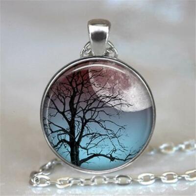 TREE FULL MOON SKY Pendant Charm Sterling 925 Silver plated 20'' Necklace gift