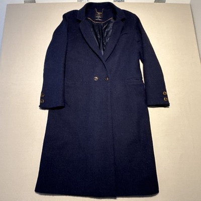 Marks And Spencer Harris Tweed Coat Womens 14 Navy Overcoat Winter Wool