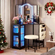 Corner Vanity Desk with Mirror and Lights, Makeup Vanity with Charging Station