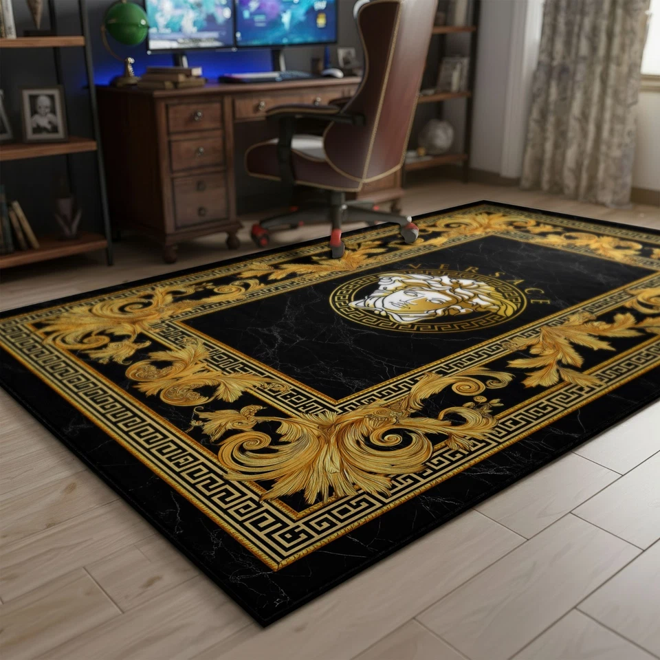 Alfombra Versace Negra Dorada, Alfombra Llave Griega, Decoración Estilo Versace Ornamentada Foto 3 de 4