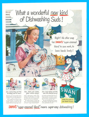 Swan Dishwashing detergent kitchen decor wife dishes vintage print ad 1948