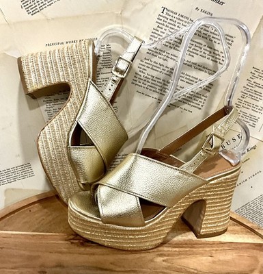 Anthropologie Cross Strap Wov Platform Sandal Weave Gold Metallic 37/6-6.5 NEW