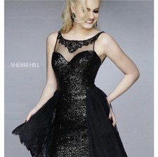 NWT $450 Sherri Hill Sz 8 Black Sequin Lace Open Back Homecoming Cocktail Dress