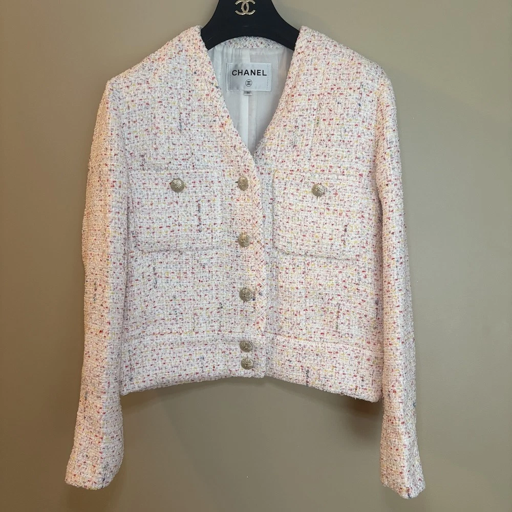 Autentica giacca tweed CHANEL 25P CC logo bottoni multicolore glitter FR 36