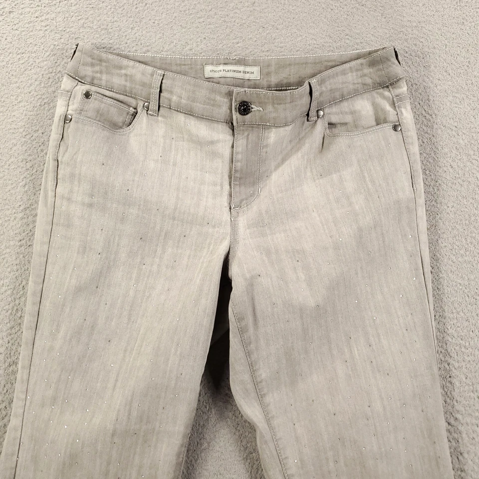 Chicos Platinum Jeans Womens Large 12 Embellished Rhinestones Gems Allover Gray - Image 2 of 4