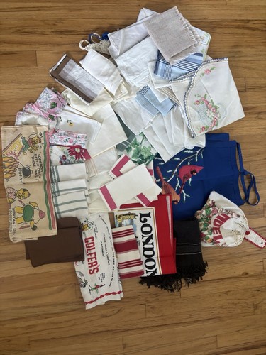 Over 50 pieces vintage handkerchiefs, linens, towel etc. used , some have stains