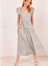 Love Shack Fancy Dress Lais Prairie Cottage Puff Sleeve Ditsy Floral White Black