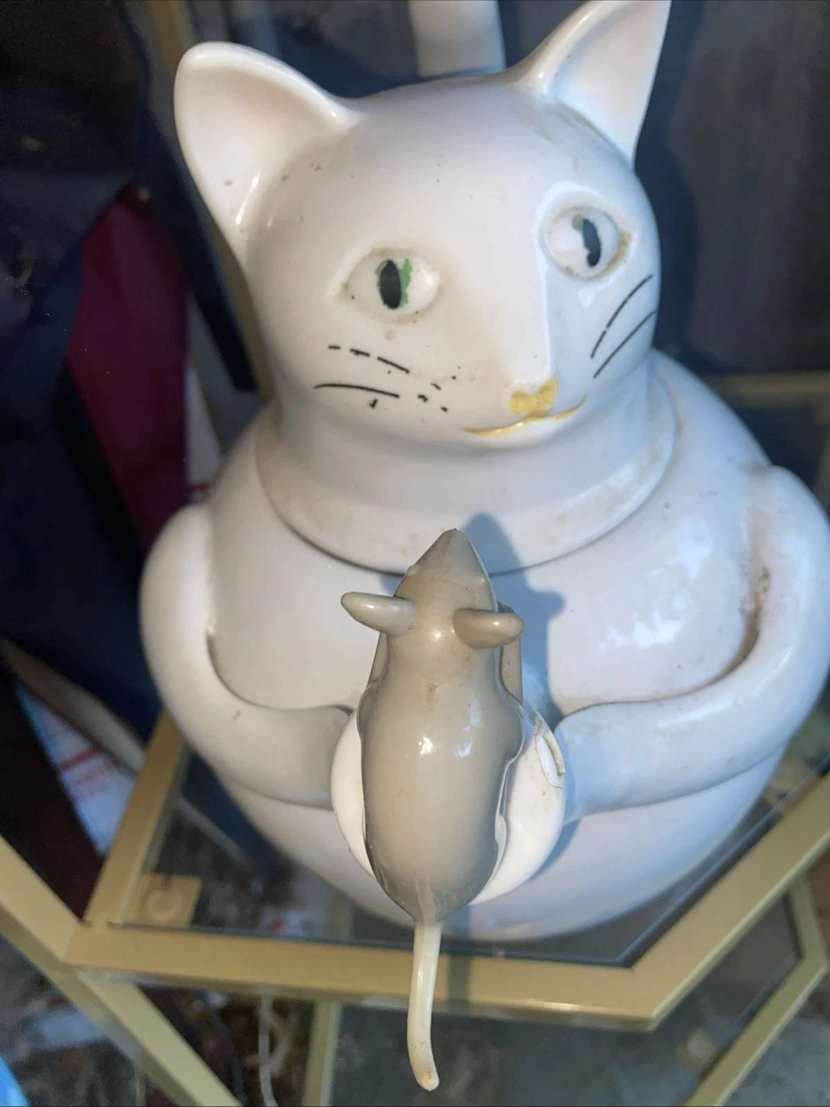 Vtg Enamelware Teapot Cat Mouse Whistling Tea Kettle White Tail Handle Enamel