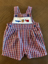Vintage Carters 3-6M Boys Embroidered Animals Overalls Plaid Red Blue Y2K