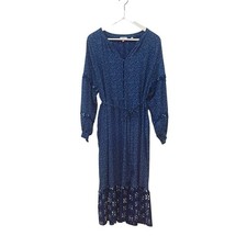 Fat Face Cora Blue Indigo Floral Size 14 Tiered Long Sleeve Woodblock Midi Dress