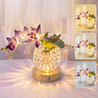 Flower Table Lamp, 3-Color Touch Dimming Orchid Glass Night Light, Rechargeab...